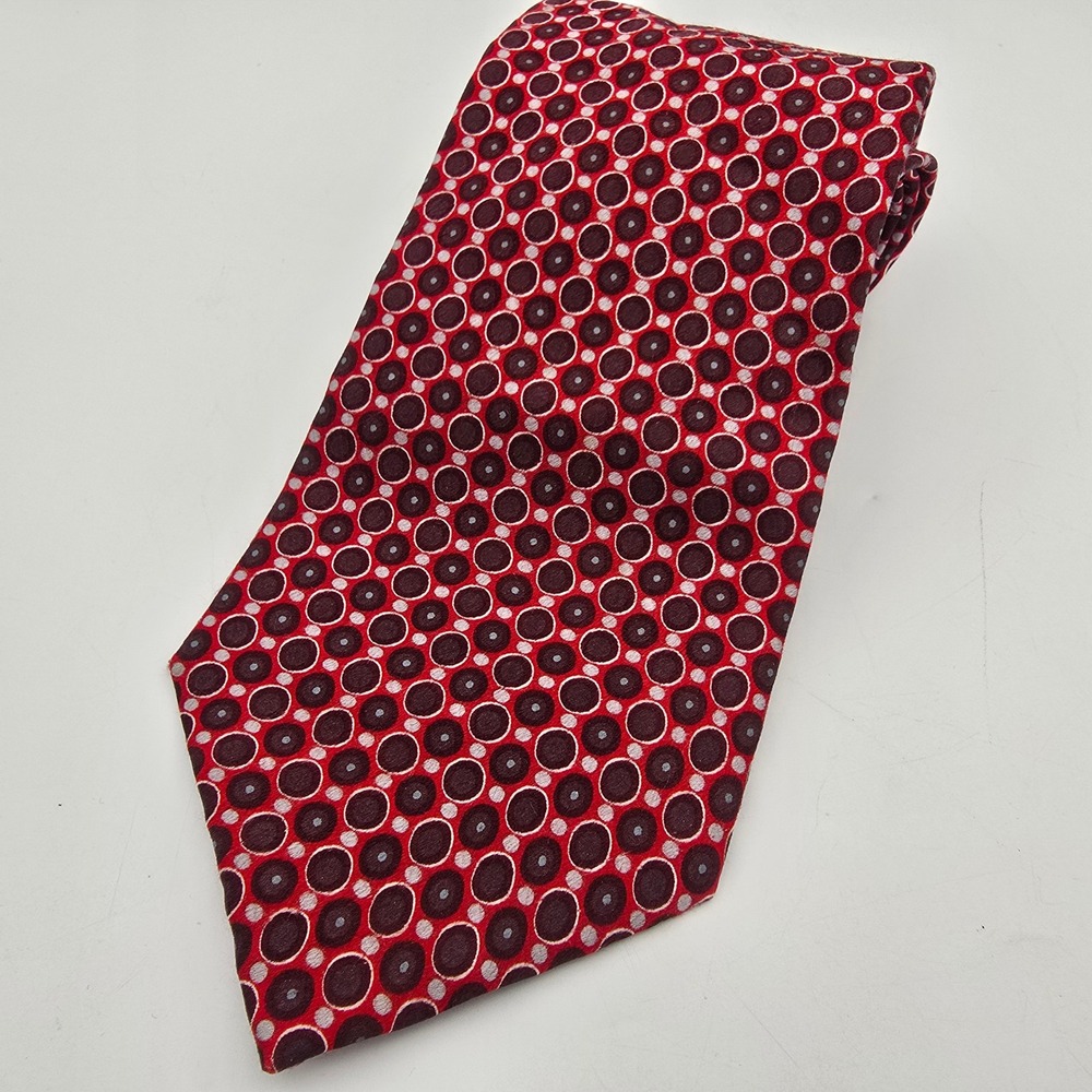 Giorgio Bissoni Mens 100% Silk Tie Red Burgundy Grey Geometric Circles 4 Inch